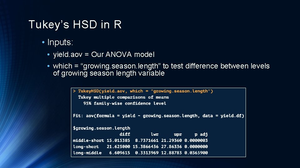 Tukey’s HSD in R • Inputs: • yield. aov = Our ANOVA model •