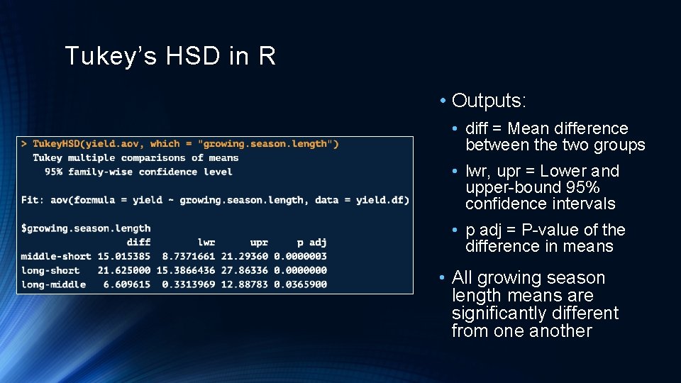 Tukey’s HSD in R • Outputs: • diff = Mean difference between the two