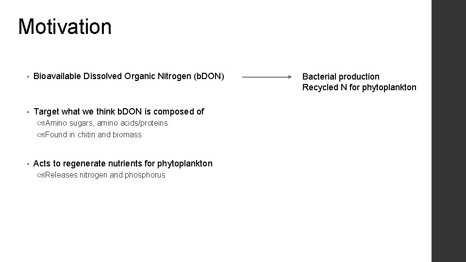 Motivation • Bioavailable Dissolved Organic Nitrogen (b. DON) • Target what we think b.
