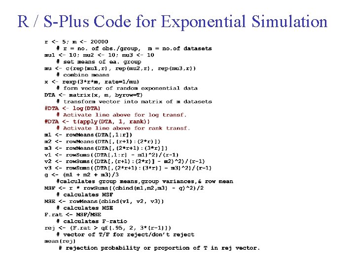 R / S-Plus Code for Exponential Simulation 