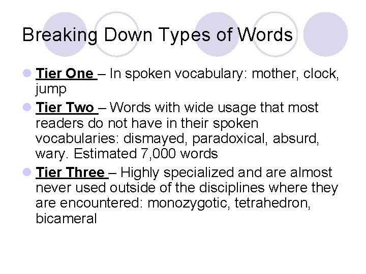 Breaking Down Types of Words l Tier One – In spoken vocabulary: mother, clock,