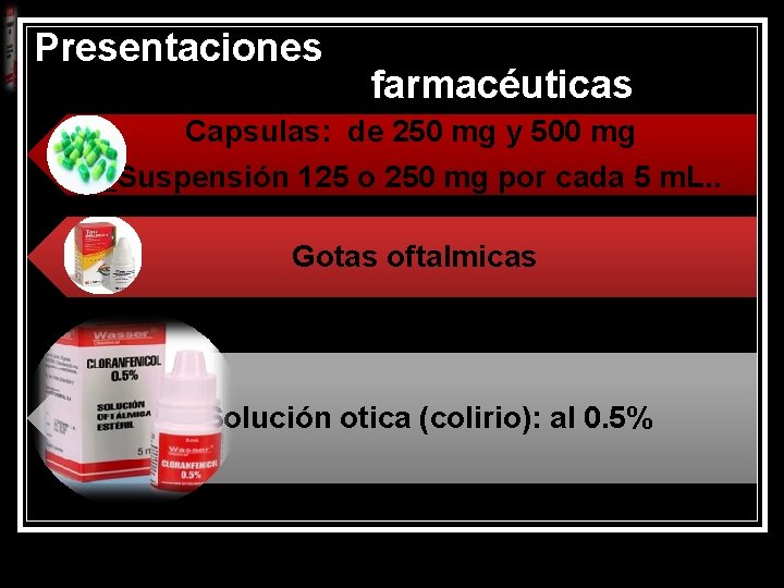 Presentaciones farmacéuticas Capsulas: de 250 mg y 500 mg Suspensión 125 o 250 mg