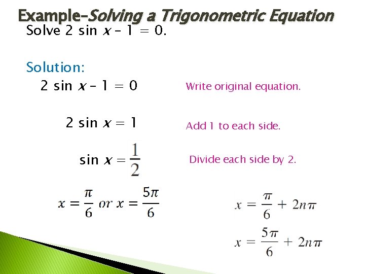 Example–Solving a Trigonometric Equation Solve 2 sin x – 1 = 0. Solution: 2