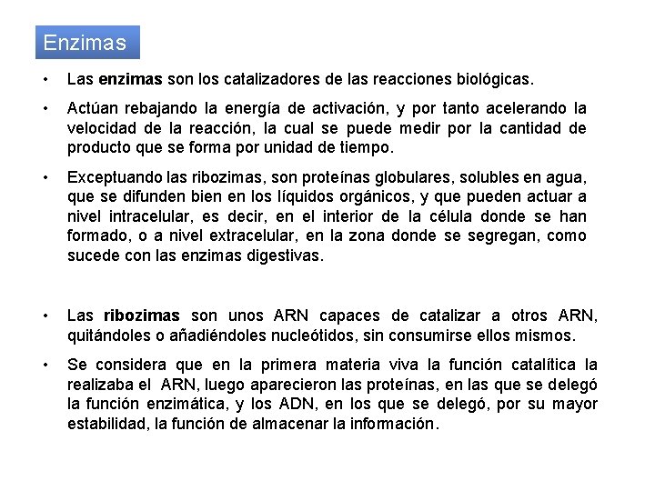 Enzimas • Las enzimas son los catalizadores de las reacciones biológicas. • Actúan rebajando