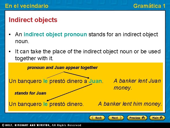 En el vecindario Gramática 1 Indirect objects • An indirect object pronoun stands for