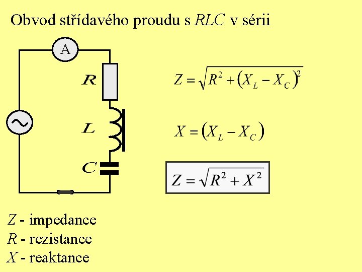 Obvod střídavého proudu s RLC v sérii A Z - impedance R - rezistance