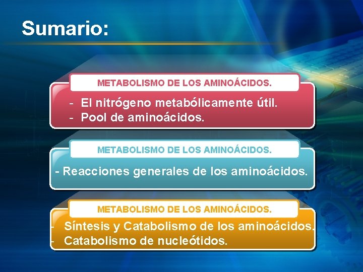 Sumario: METABOLISMO DE LOS AMINOÁCIDOS. - El nitrógeno metabólicamente útil. - Pool de aminoácidos.