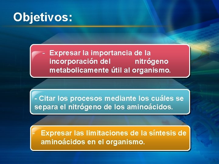 Objetivos: - Expresar la importancia de la incorporación del nitrógeno metabolicamente útil al organismo.
