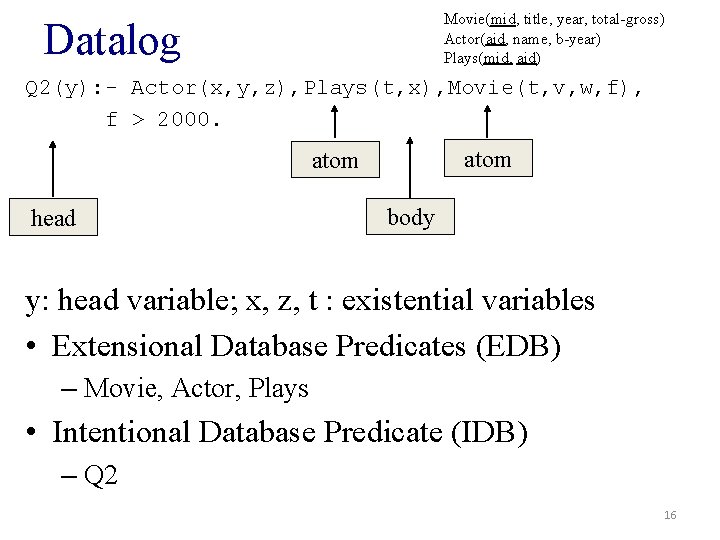 Movie(mid, title, year, total-gross) Actor(aid, name, b-year) Plays(mid, aid) Datalog Q 2(y): - Actor(x,