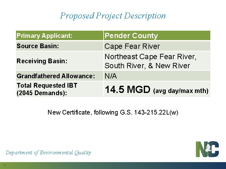 Proposed Project Description Grandfathered Allowance: Pender County Cape Fear River Northeast Cape Fear River,