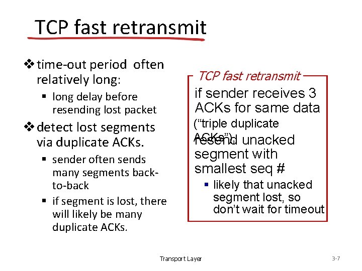 TCP fast retransmit v time-out period often relatively long: § long delay before resending