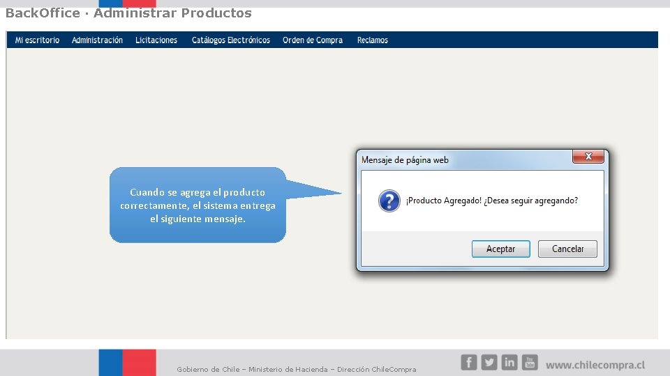 Back. Office · Administrar Productos Cuando se agrega el producto correctamente, el sistema entrega