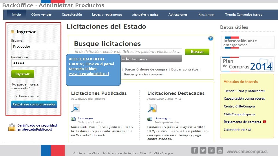 Back. Office · Administrar Productos ACCESO BACK OFFICE Usuario y Clave en el portal