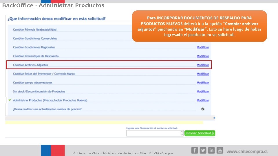 Back. Office · Administrar Productos Para INCORPORAR DOCUMENTOS DE RESPALDO PARA PRODUCTOS NUEVOS deberá