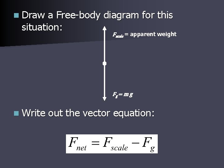 n Draw a Free-body diagram for this situation: Fscale = apparent weight Fg =
