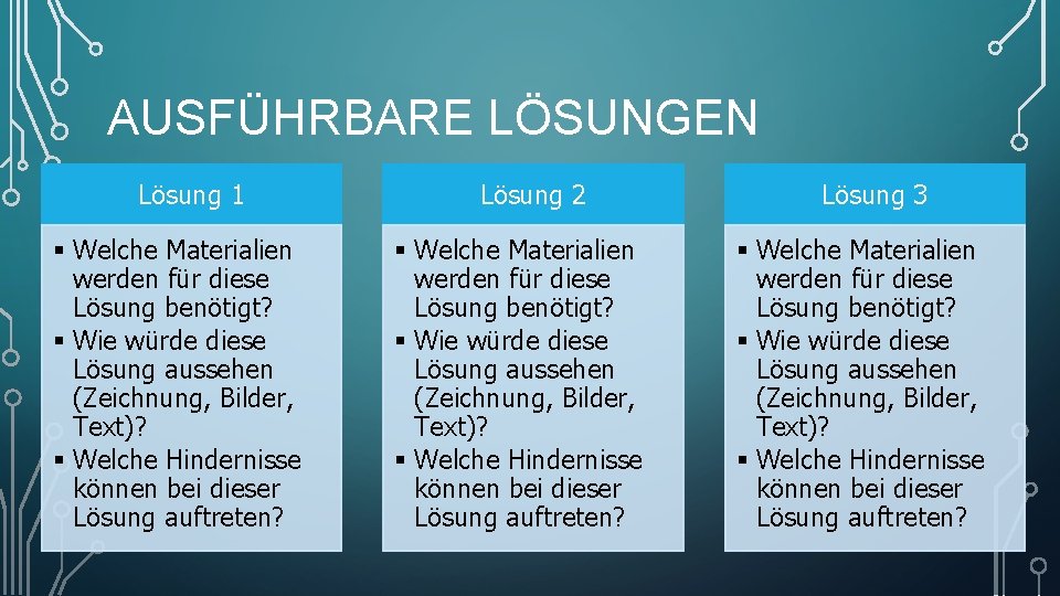 AUSFÜHRBARE LÖSUNGEN Lösung 1 Welche Materialien werden für diese Lösung benötigt? Wie würde diese