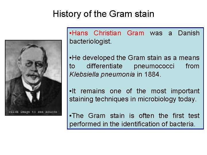 History of the Gram stain • Hans Christian Gram was a Danish bacteriologist. • History of the Gram stain • Hans Christian Gram was a Danish bacteriologist. •
