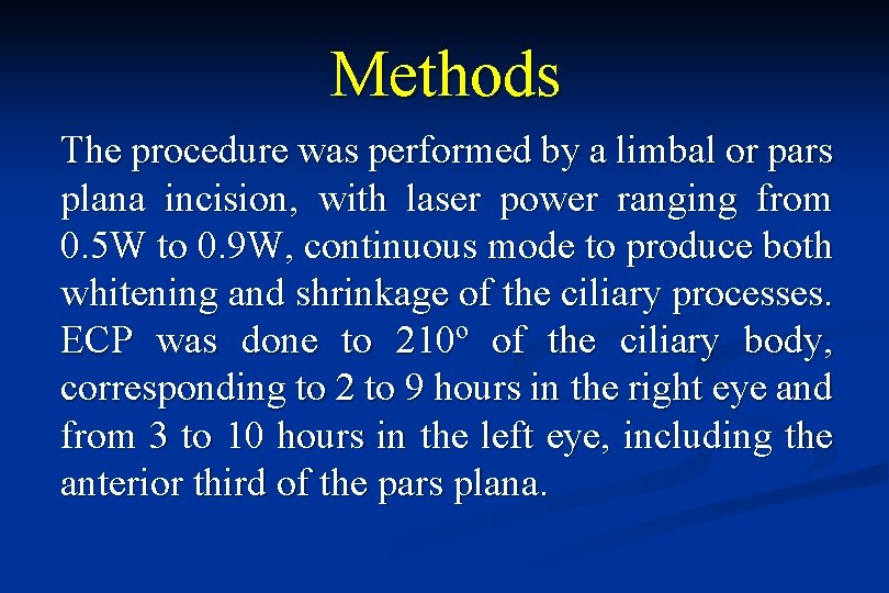 Methods The procedure was performed by a limbal or pars plana incision, with laser