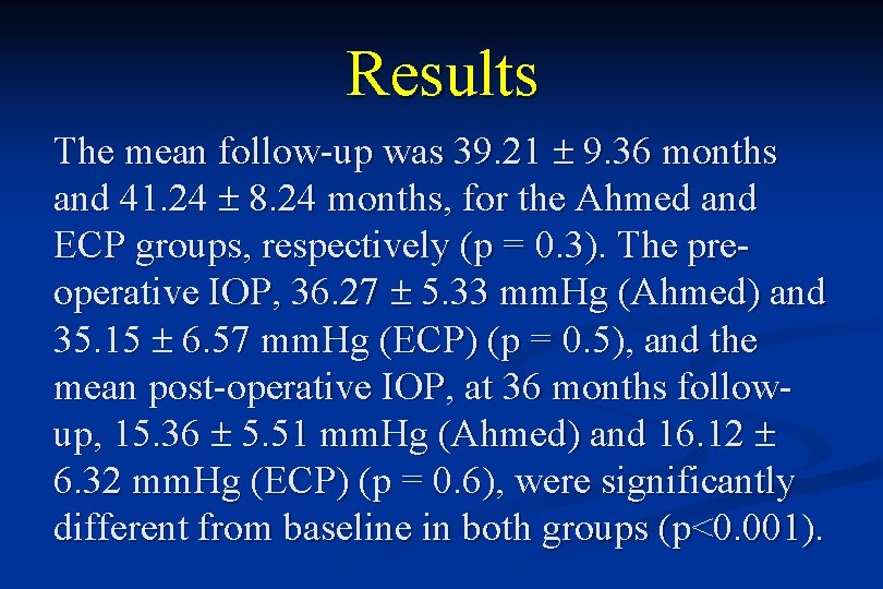 Results The mean follow-up was 39. 21 9. 36 months and 41. 24 8.
