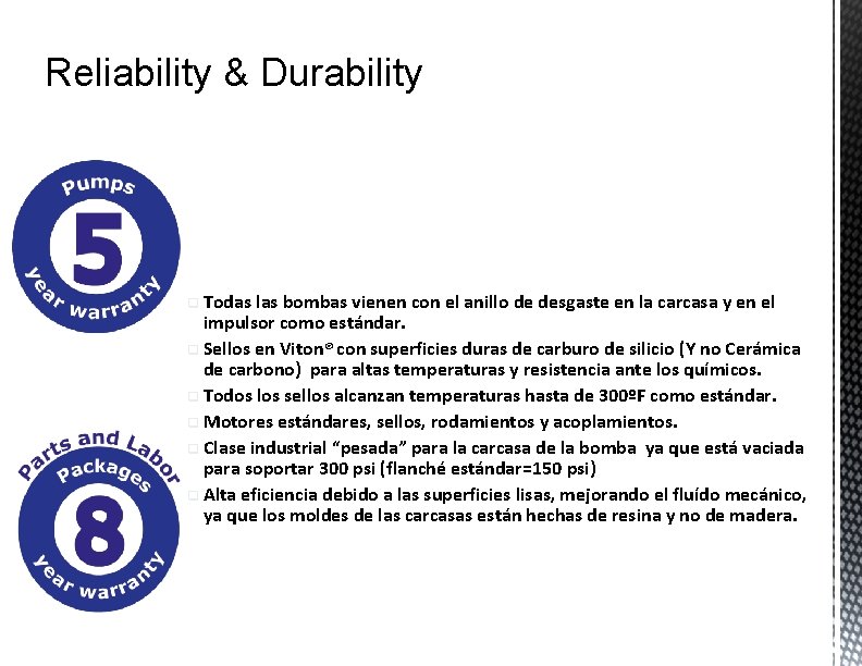 Reliability & Durability q Todas las bombas vienen con el anillo de desgaste en