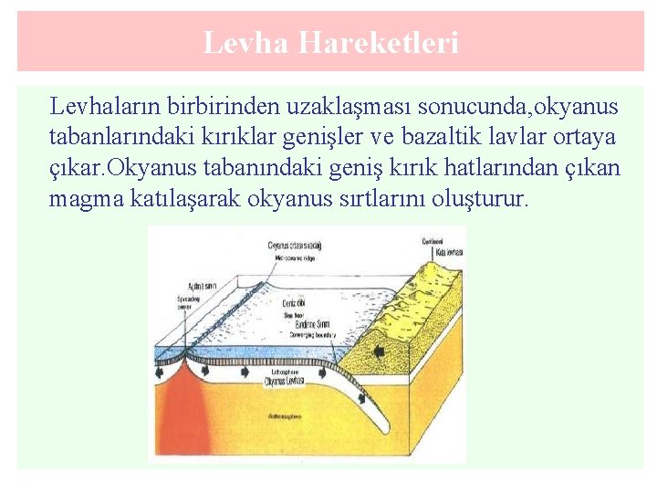 Levha Hareketleri Levhaların birbirinden uzaklaşması sonucunda, okyanus tabanlarındaki kırıklar genişler ve bazaltik lavlar ortaya