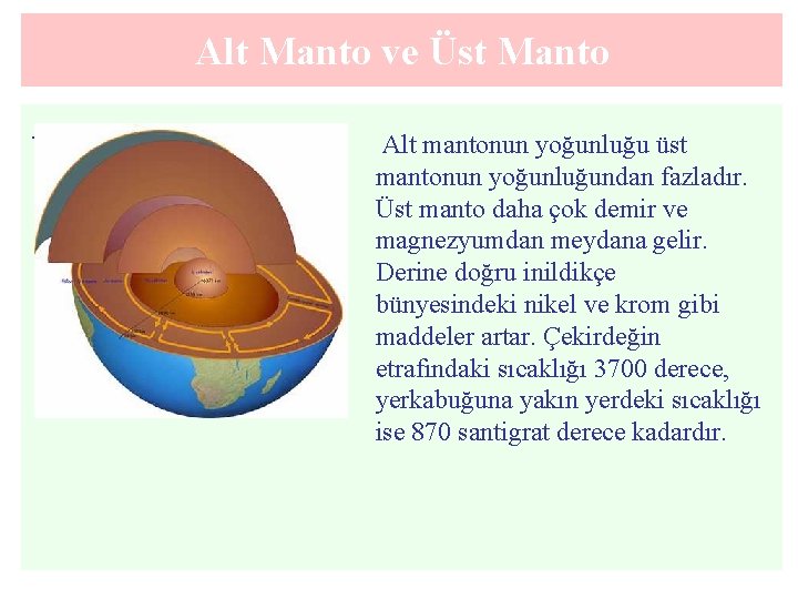 Alt Manto ve Üst Manto. Alt mantonun yoğunluğu üst mantonun yoğunluğundan fazladır. Üst manto