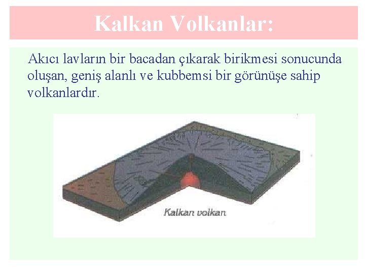 Kalkan Volkanlar: Akıcı lavların bir bacadan çıkarak birikmesi sonucunda oluşan, geniş alanlı ve kubbemsi