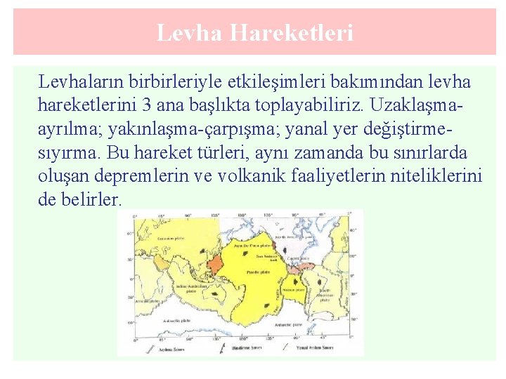 Levha Hareketleri Levhaların birbirleriyle etkileşimleri bakımından levha hareketlerini 3 ana başlıkta toplayabiliriz. Uzaklaşmaayrılma; yakınlaşma-çarpışma;