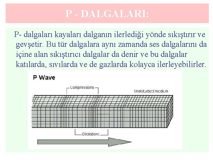 P - DALGALARI: P- dalgaları kayaları dalganın ilerlediği yönde sıkıştırır ve gevşetir. Bu tür