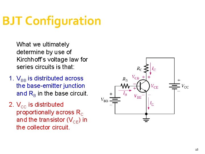 BJT Configuration What we ultimately determine by use of Kirchhoff’s voltage law for series BJT Configuration What we ultimately determine by use of Kirchhoff’s voltage law for series