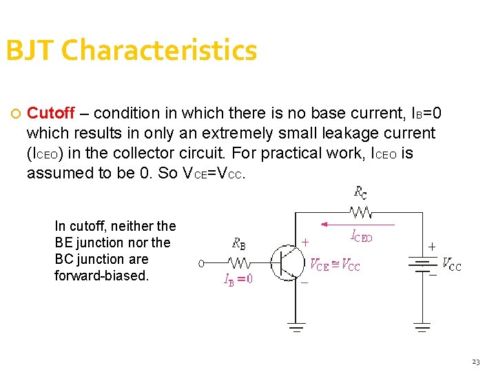 BJT Characteristics Cutoff – condition in which there is no base current, IB=0 which BJT Characteristics Cutoff – condition in which there is no base current, IB=0 which