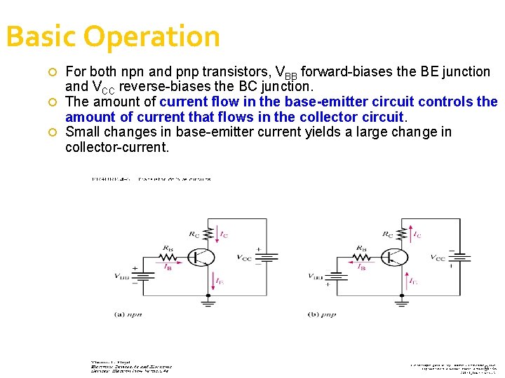 Basic Operation For both npn and pnp transistors, VBB forward-biases the BE junction and Basic Operation For both npn and pnp transistors, VBB forward-biases the BE junction and