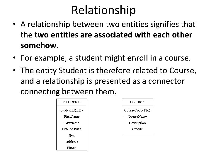 Relationship • A relationship between two entities signifies that the two entities are associated Relationship • A relationship between two entities signifies that the two entities are associated