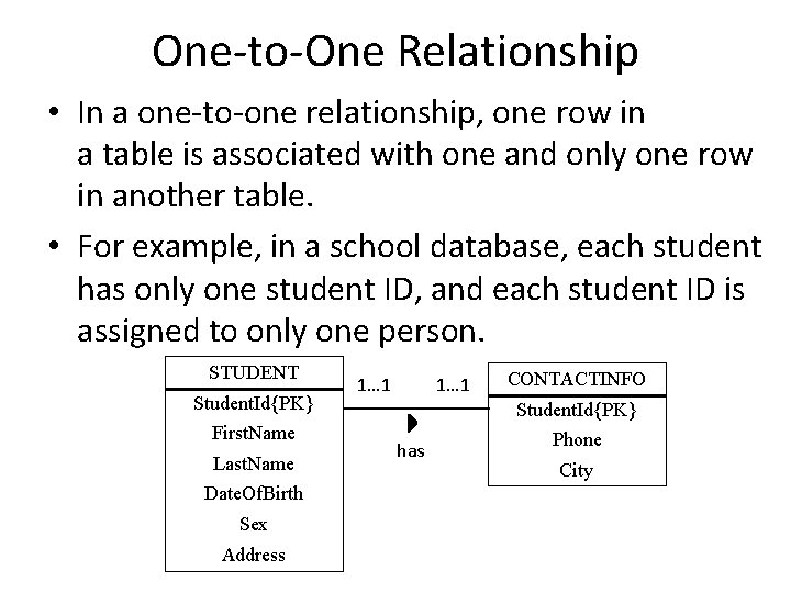 One-to-One Relationship • In a one-to-one relationship, one row in a table is associated One-to-One Relationship • In a one-to-one relationship, one row in a table is associated