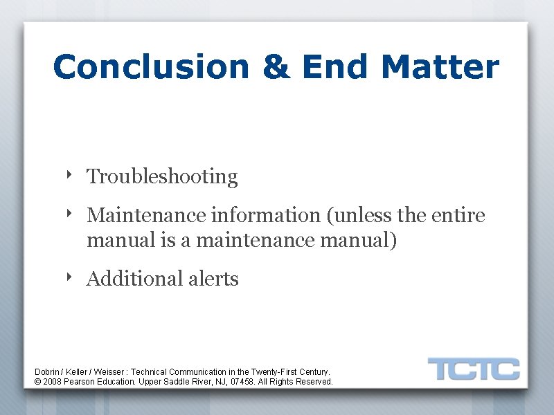 Conclusion & End Matter ‣ Troubleshooting ‣ Maintenance information (unless the entire manual is