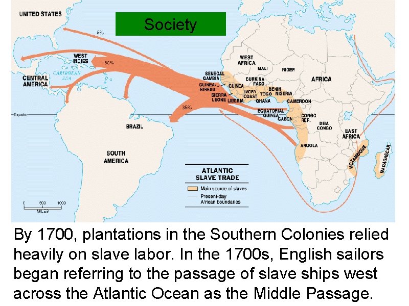 Society By 1700, plantations in the Southern Colonies relied heavily on slave labor. In