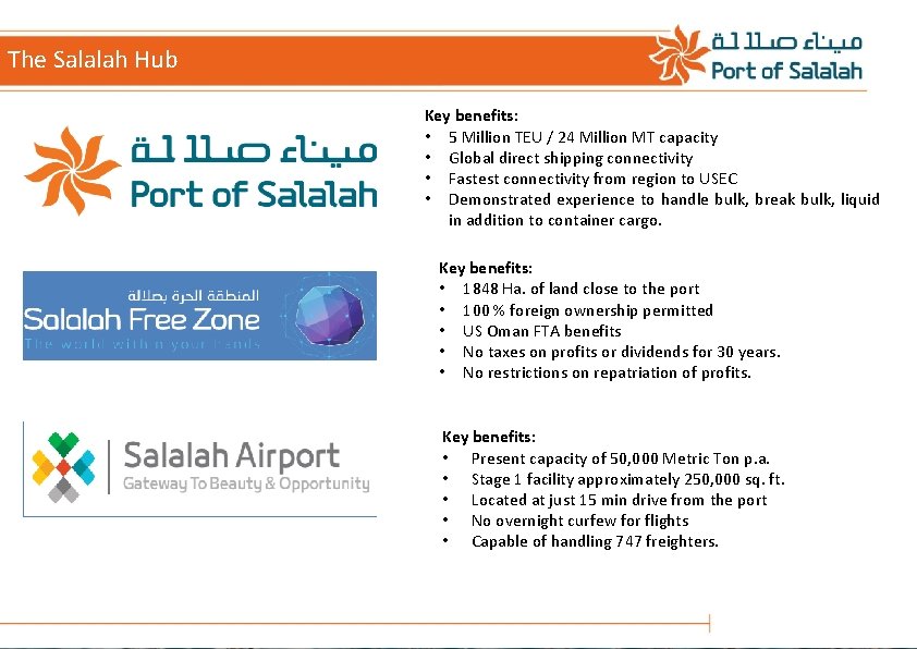 The Salalah Hub Key benefits: • 5 Million TEU / 24 Million MT capacity