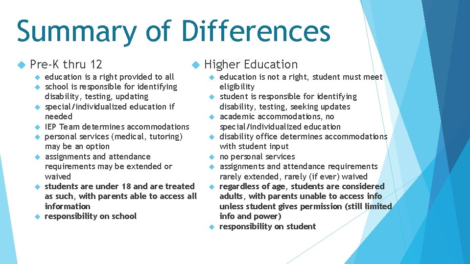 Summary of Differences Pre-K thru 12 education is a right provided to all school