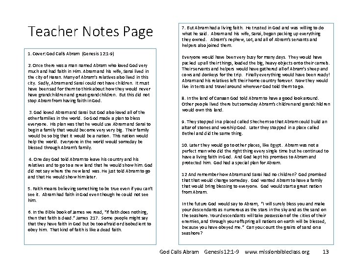 Teacher Notes Page 1. Cover: God Calls Abram (Genesis 12: 1 -9) 2. Once