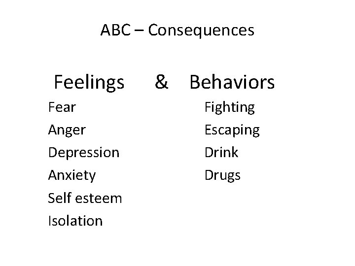 ABC – Consequences Feelings Fear Anger Depression Anxiety Self esteem Isolation & Behaviors Fighting