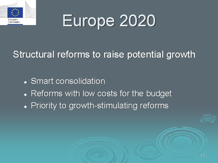 Europe 2020 Structural reforms to raise potential growth l l l Smart consolidation Reforms