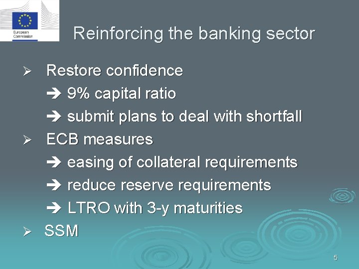 Reinforcing the banking sector Restore confidence 9% capital ratio submit plans to deal with