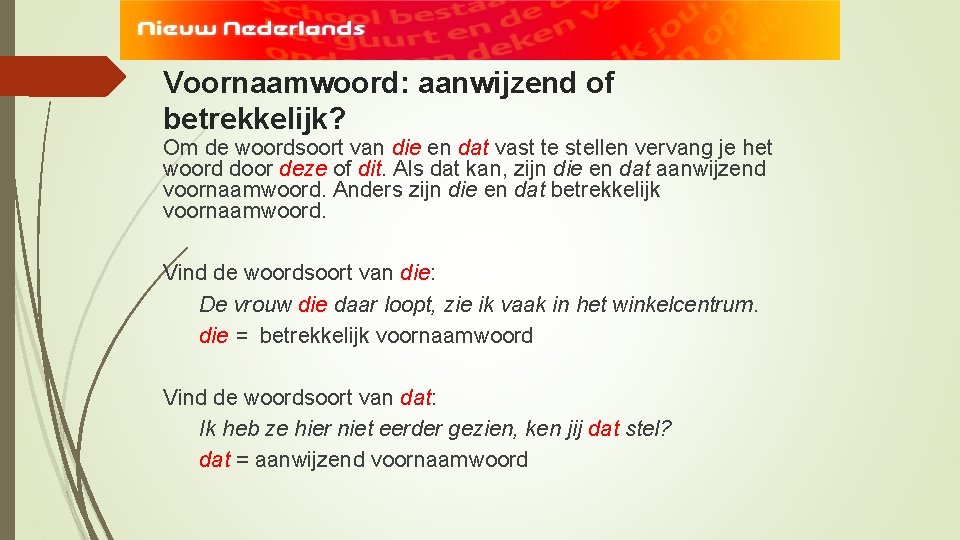 Voornaamwoord: aanwijzend of betrekkelijk? Om de woordsoort van die en dat vast te stellen