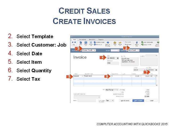 CREDIT SALES CREATE INVOICES 2. 3. 4. 5. 6. 7. Select Template Select Customer: