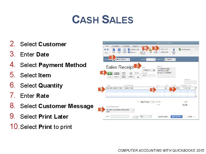 CASH SALES 2. Select Customer 3. Enter Date 4. Select Payment Method 5. Select