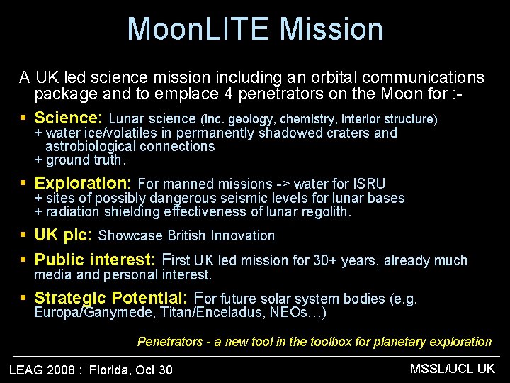 Moon. LITE Mission A UK led science mission including an orbital communications package and