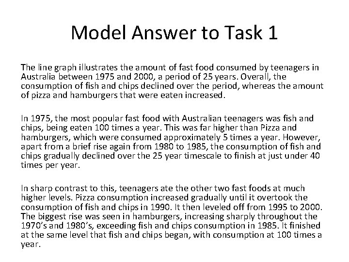 Model Answer to Task 1 The line graph illustrates the amount of fast food