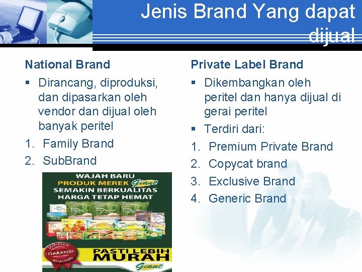 Jenis Brand Yang dapat dijual National Brand Private Label Brand § Dirancang, diproduksi, dan