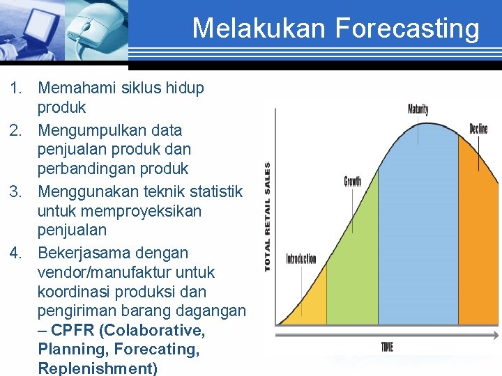 Melakukan Forecasting 1. Memahami siklus hidup produk 2. Mengumpulkan data penjualan produk dan perbandingan