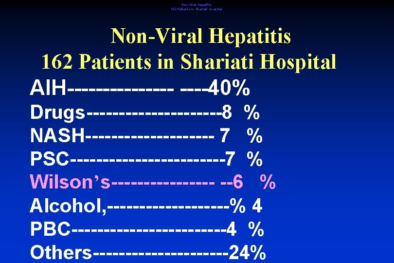 Non-Viral Hepatitis 162 Patients in Shariati Hospital AIH--------40% Drugs-----------8 % NASH---------- 7 % PSC------------7